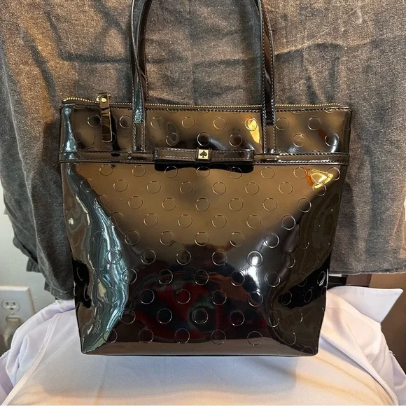 Kate Spade Black Patent Leather Polkadot Tote Bag Bow Detail - Picture 1 of 13